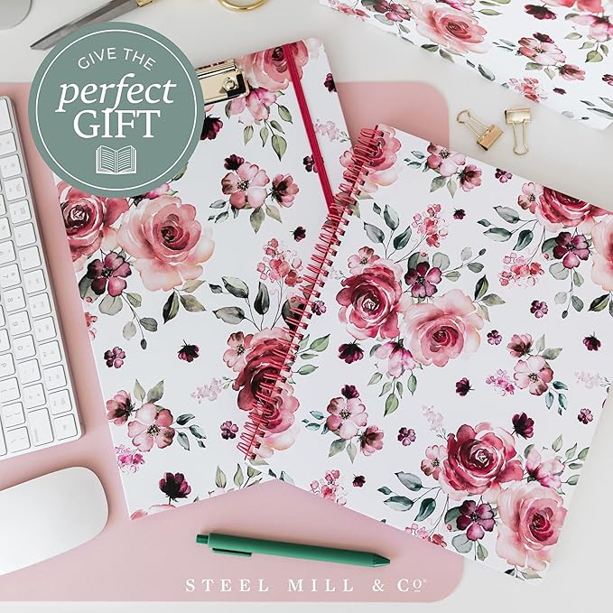 Steel Mill & Co Cute Mini Spiral Notebook, 8.25" x 6.25" Journal with Durable Hardcover and 160 Lined Pages, Rose Floral