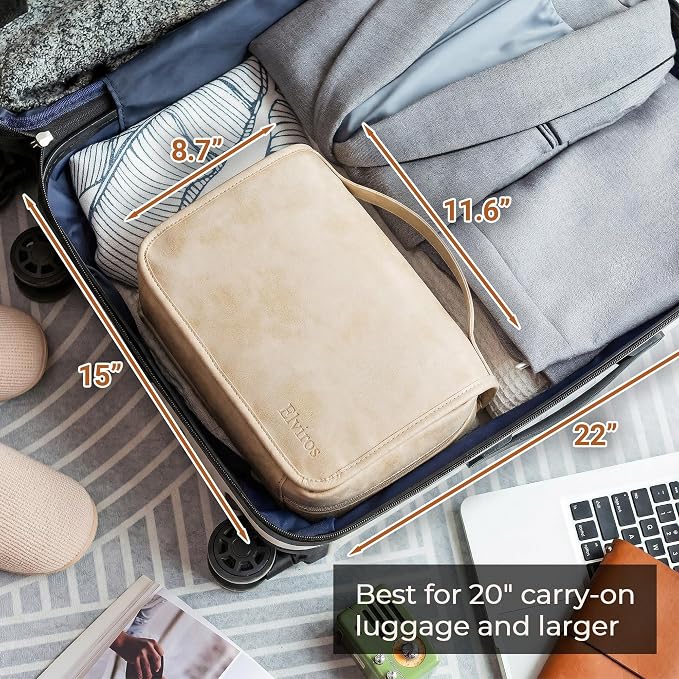 Elviros Hanging Travel Toiletry Bag for Women Vegan Leather (Beige) | 3-in-1 Waterproof Makeup Bag with Compartments for Skincare, Toiletries, Accessories, and Travel Essentials