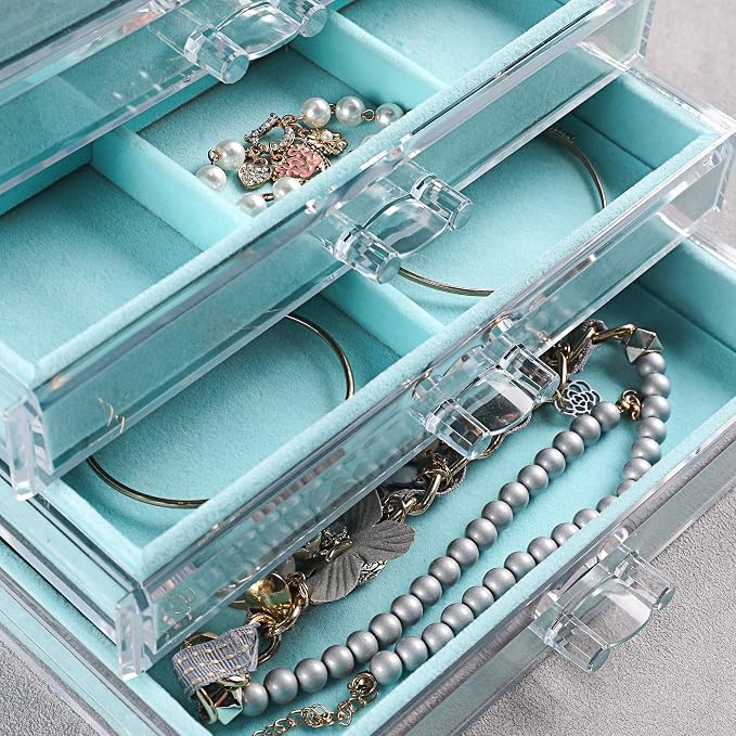 Frebeauty Extra Large Acrylic Jewelry Box for Women 5 Layers Clear Jewelry Organizer Velvet Earring Box with 5 Drawers Rings Display Case Necklaces Holder Tray for Women Girls (Turquoise) | Jewelry Storage for Rings Earrings Bracelets,Dustproof,Velvet ...