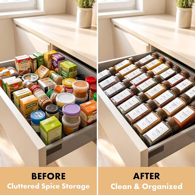 EDELHAUS Glass Spice Jars with Label, 24x Acacia Wooden Lids - White Labels | Airtight Lids keep spices fresh, Kitchen Spice Drawer Organizer, 4oz Seasoning Containers incl. Funnel, Brush & 240 Labels