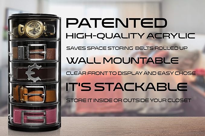 ELYPRO Acrylic Belt Organizer & Holder for Closet, Storage & Container | Rotating Drawers, Wall Mounted, Stackable, Watch Case, Jewelry Display, Makeup, Mens, Womens, Rack, Box