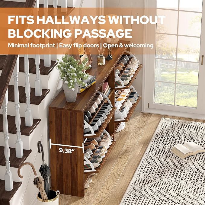 knoworld 63" Wood Rattan Shoe Storage Cabinet for Entryway, Walnut | Slim Hidden Shoe Cabinet, Narrow Shoe Organizer Cabinet with 4 Flip Drawers, 3-Tier Shelves for Hallway Foye Entrance