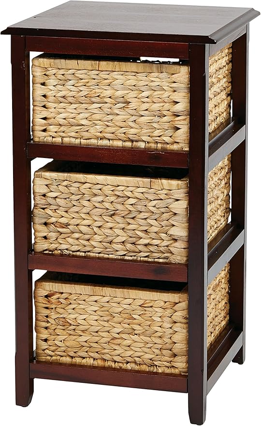OSP Home Furnishings Seabrook Storage Tower with Solid Wood Frame and Natural Baskets, 3-Drawer, Espresso Finish
