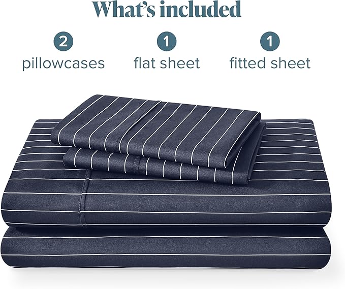 Bare Home Queen Sheet Set - Luxury 1800 Ultra-Soft Microfiber Bed Sheets - Double Brushed - Deep Pockets - Easy Fit - 4 Piece Set - Bed Sheets (Queen, Pinstripe - Midnight/White)