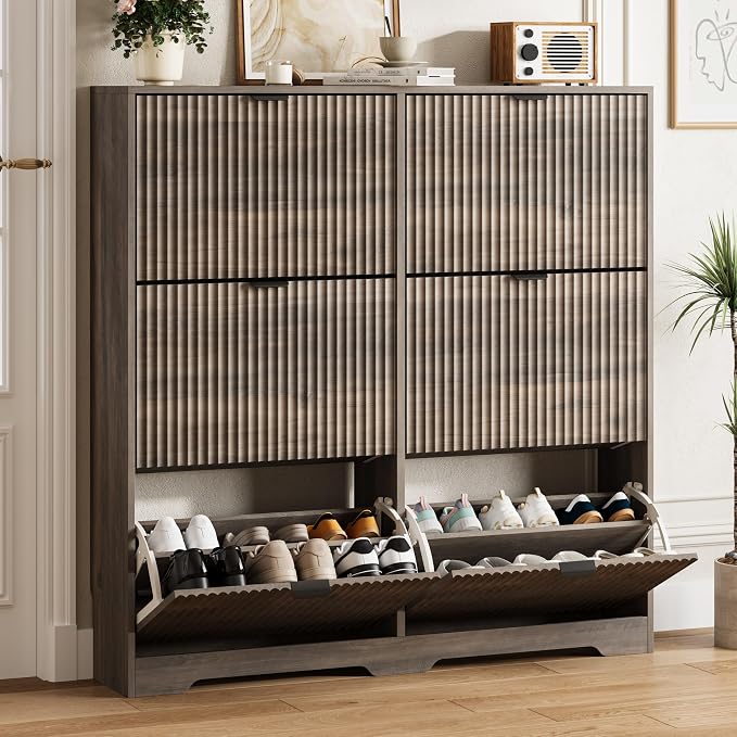 HUANLEGO Shoe Cabinet Storage for Entryway with 6 Flip Drawers, Grey Fluted Shoe Cabinet with Adjustable Shelves, Wooden Hidden Shoe Rack Freestanding Narrow Slim Shoes Storage for Hallway, Entrance