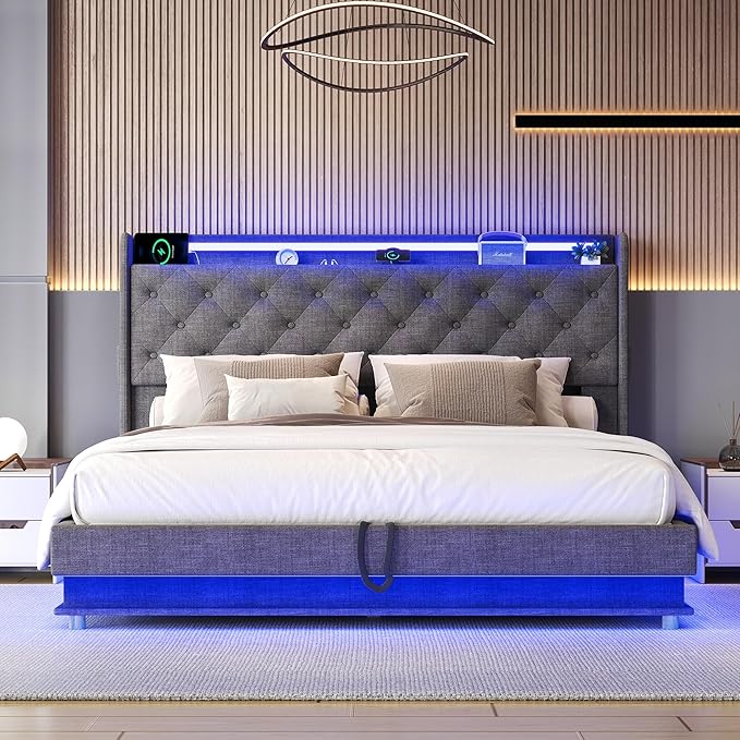 Ailisite Lift Up Storage Queen Bed, Upholstered Platform Bed with Button Tufted Wingback Storage Headboard, Bed Frame Queen Size with Led Lights and Charging Station, No Box Spring Needed, Grey