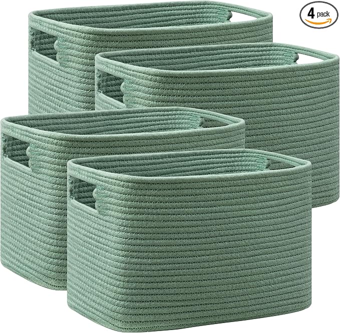 4 Pack Storage Baskets for Organizing, Shelf Baskets with Handles, Green | 14.5"L x 9.8"W x 9"H, Woven Basket, Cotton Rope Basket, Toy Storage, Cube Shelf, Gift Baskets Empty, Home Decor