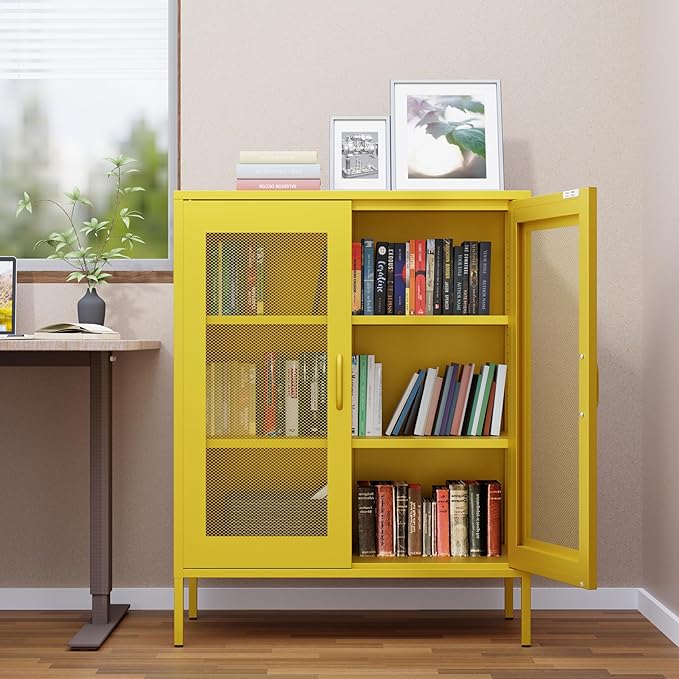 Washsemba Metal Storage Cabinet with Mesh Doors,Steel Display Cabinet with Adjustable Shelves,Metal Office Storage Locker for Home Office,Garage(Yellow, 40''H)