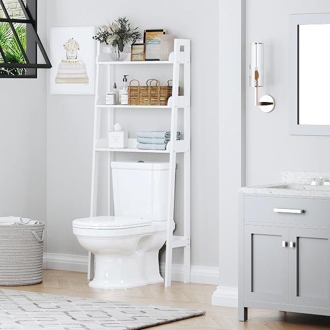 UTEX Over The Toilet Storage Shelf, 3-Tier Bathroom Organizer, White | FSC-Certified MDF, Open Ladder Design, Adjustable Lower Crossbar, Anti-tip Hardware, 33-Inch Clearance, Raised Side Guards
