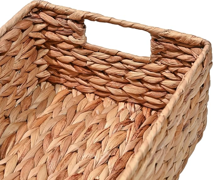 happimess Lane Hyacinth Wicker Pantry Baskets 9"x12"x5", Natural, Set of 4 | Handwoven Decorative Seagrass Containers, Chalkboard Labels, Built-In Handles, Classic Farmhouse Style, Iron Metal Frame