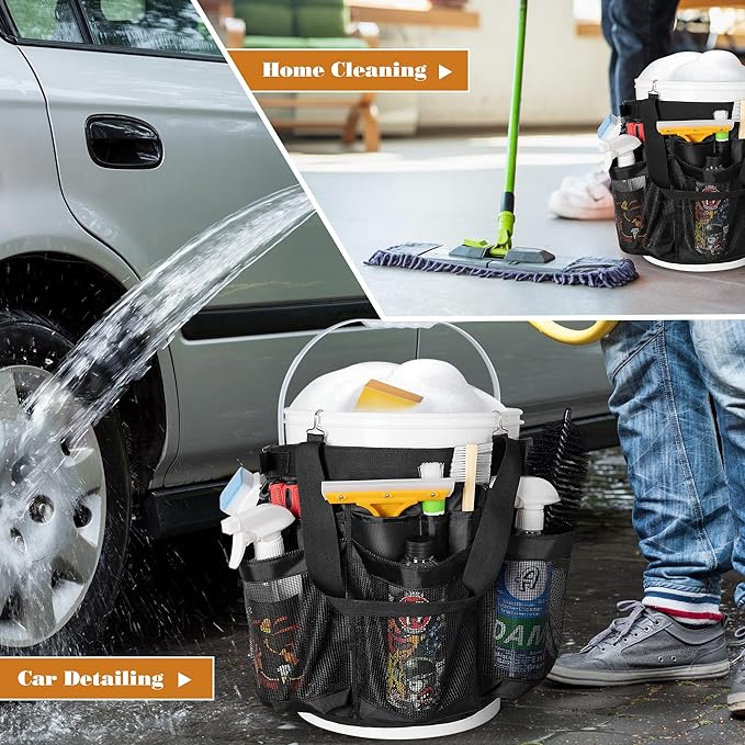 HODRANT 5 Gallon Bucket Organizer with Anti-fall Hooks & Buckle | Car Wash Bucket Caddy with Mesh Pockets, 5 Gallon Cleaning Tools Bag for Home, Auto, Garden & Fishing