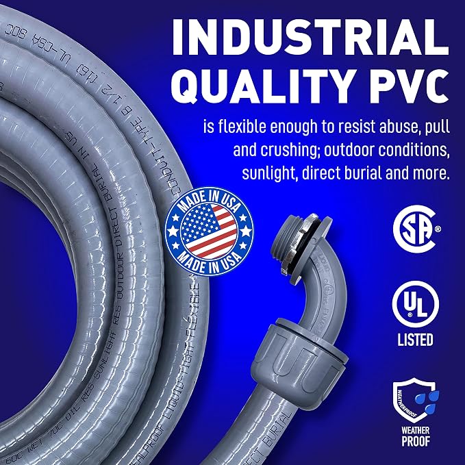 Sealproof 3/4-Inch Non-metallic Liquid-Tight Conduit and Connector Kit, 50 Foot Made in USA Flexible Electrical Conduit Type B with 5 Straight and 3 90-Degree Conduit Connector Fittings, 0.75" Dia