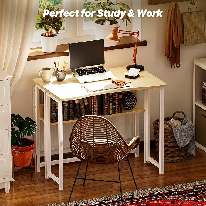 Huuger Folding Desk with Storage Shelf, 31.5 Inch Foldable Computer Table for Small Spaces, Space Saving Sofa Table for Couch, Writing Work Office Computer Desk, Easy to Fold, Oak