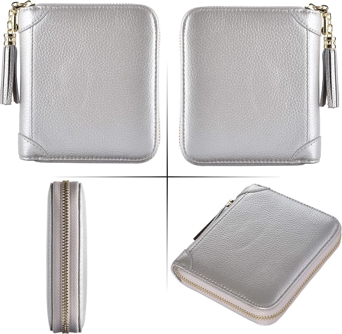 Easyoulife Womens Credit Card Holder Wallet Zip Leather Card Case RFID Blocking (Silver)