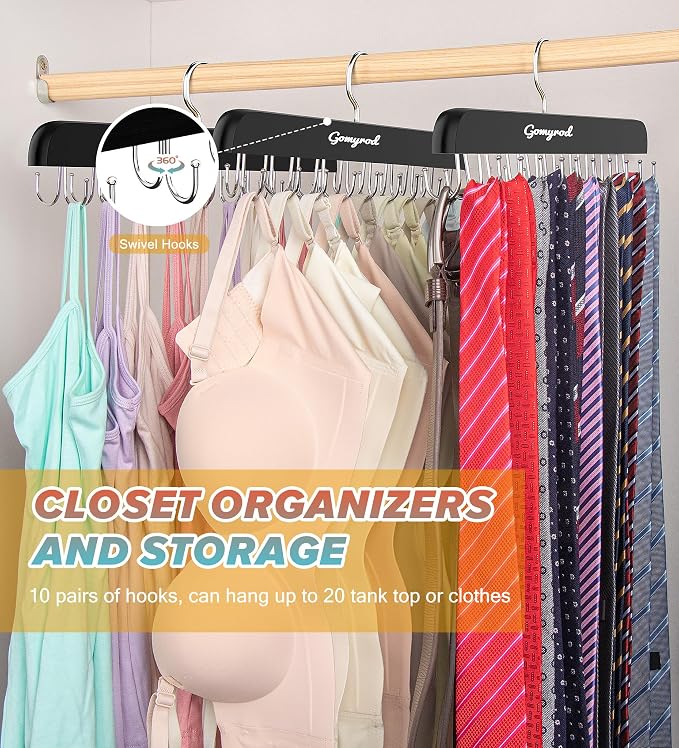 Gomyrod Tank Top Hanger, 2 Pack w/40 Hooks Bra Hanger for Closet Organizer | Premium Wood Space Saving Hanger, 360°Rotating Closet Organizers and Storage, Multi Hook Hanger for Dorm & Apartment, Black