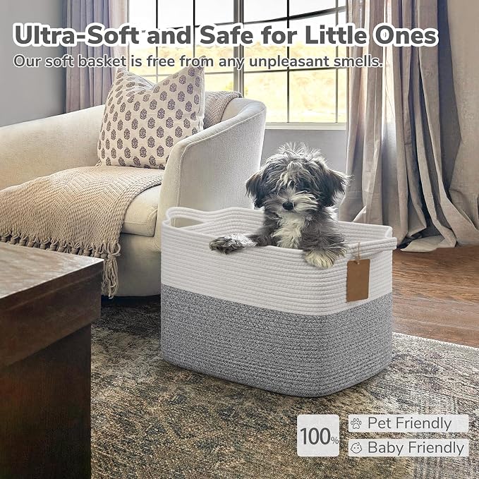 Goodpick Woven Storage Basket, Cotton Rope Baskets with Handles, Toy Baskets Storage Kids, Blanket Basket for Living Room, Bedroom, Gray and White, 18 x 14 x 12 Inches