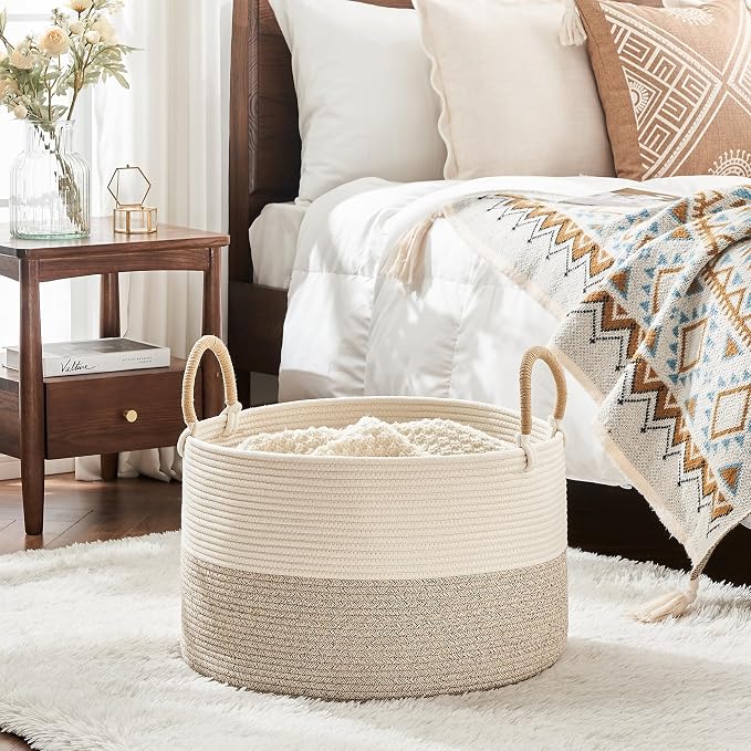 KAKAMAY Large Blanket Basket 20"x13", Cotton Rope Woven Laundry Storage Basket, Baskets for Toy,Stuffed Animal Storage, Dog,Toy Box, Gift Basket for Living Room Nursery Baby Hamper (Beige)