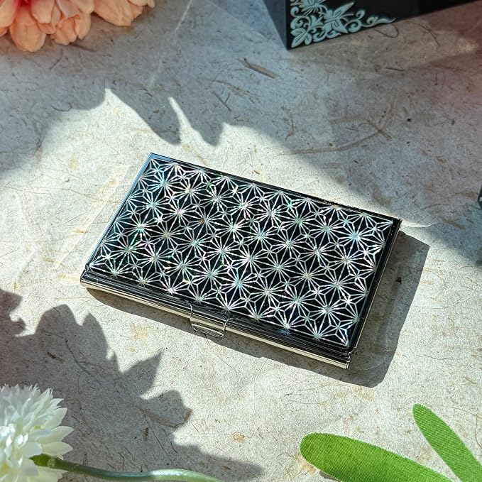 Mother of Pearl Business Card Case Credit Id Name Holder Travel Wallet Art Painting Design Metal Stainless Steel Engraved Slim Purse Pocket Cash Money Wallet (N-Mum Bold)