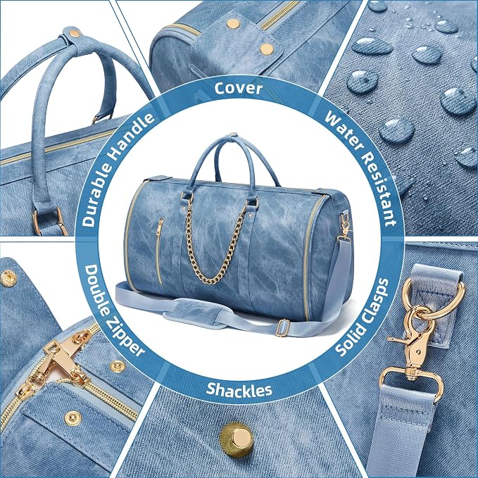 Garment Duffle Bag for Travel, Convertible 20.5×10×12.5 Inch Carry On Garment Bag for Women, Foldable Travel Bags with Shoe Compartment & Toiletry Pocket for Business Trip, Vacation, Blue