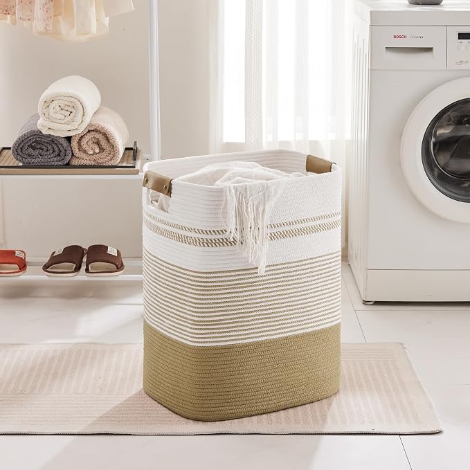 85L Tall Woven Laundry Basket Hamper with Leather Handles,Khaki | 17"x14"x22", collapsible wicker hamper, storage for dirty clothes, toys, blankets, gifts, living room, bedroom, bathroom