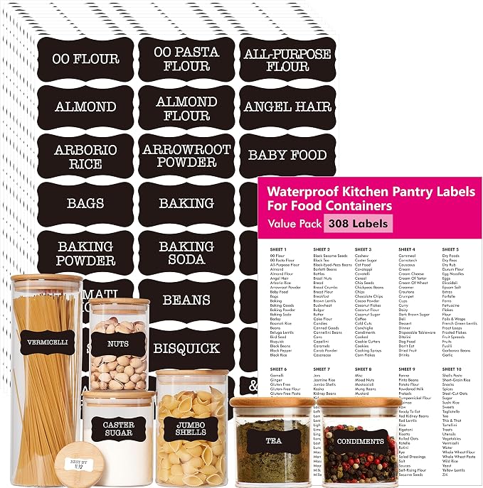 Hebayy 308 Pantry Food Labels, 280 Preprinted Flour Pasta Lentil Grain Condiment Oil Stickers, 28 Blank Ones, Waterproof Oil&Tear Resistant, No Residue for Kitchen Containers Jars(White on Black)