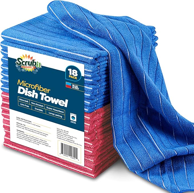 Microfiber Kitchen Towels - [18 Pack], 18" x 26" Microfiber Cleaning Cloth - Soft, Absorbent & Durable Dish Towels for Washing Dishes – Blue and Red Microfiber Towel & Cleaning Rags (Blue & Red, 18)
