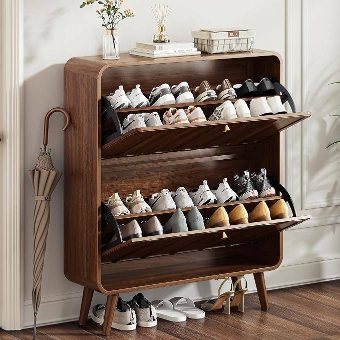 Decofy Shoe Cabinet with 2 Flip Drawers, Expanded Panel for Long Footwear, Freestanding Shoe Storage Cabinet with 3-Gear Adjustable Shelves, Narrow Shoe Cabinets for Entryway, Solid Wood Legs, Walnut