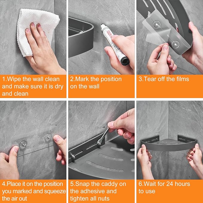 DUFU Adhesive Corner Shower Caddy with Hooks, Grey, 2 Pack | Bathroom Shower Organizer, No Drilling Rust Proof Aluminum Shower Shelf for Inside Shower
