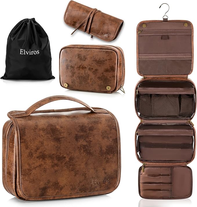 Elviros Hanging Toiletry Bag Removable Travel Bag PU leather Makeup Cosmetic Organizer Kit, Dark Brown | Removable Travel Organizer Bag for Cosmetics, Toiletries, Makeup Tools, and Daily Essentials with Easy Carry Design