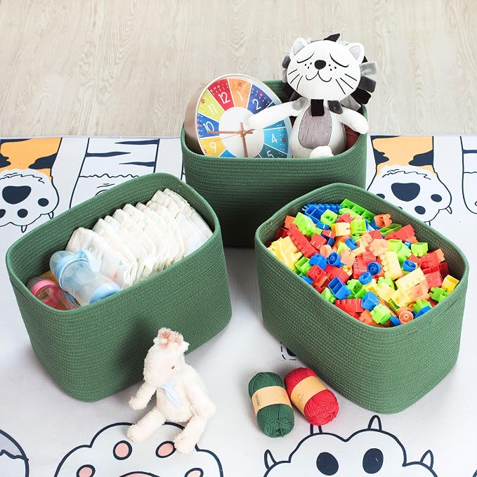 MINTWOOD Design 3-Pack Decorative Woven Storage Baskets for Shelves, Cube Bin Box for Organizing Books, Shoes, Dog Toys, Pantry Closet and Living Room Organizer, Forest Green