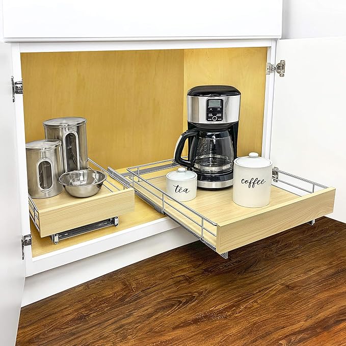 LYNK PROFESSIONAL® SELECT™ Pull Out Cabinet Organizer, 14" x 21" Slide Out Drawers for Kitchen Cabinets - Sliding Pull-Out Pantry Shelves – Home Shelf Organizers - Lifetime Ltd. Warranty, Wood Chrome