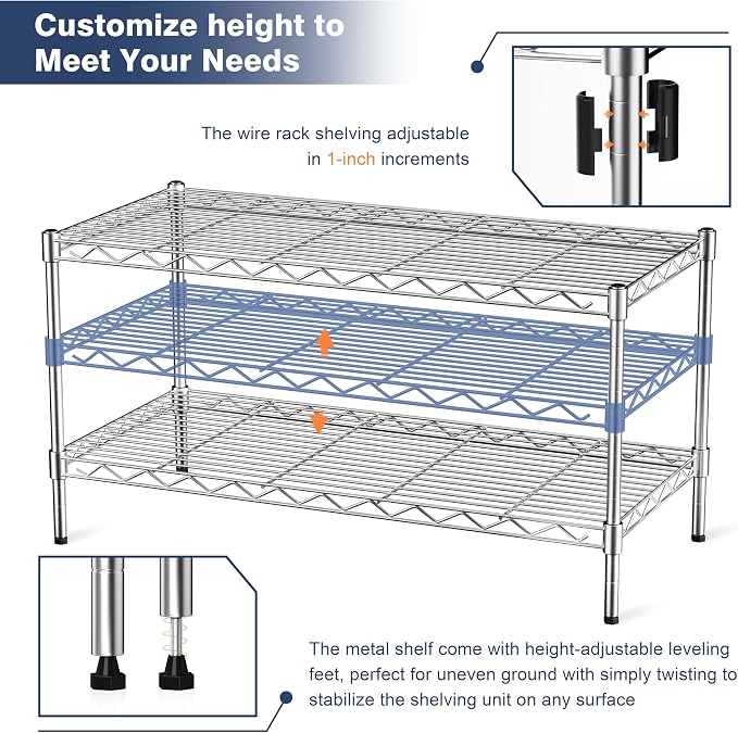 2-Tier Heavy Duty Shelving Unit,Wire Shelf Rack with Lockable Wheels | 36" Wx18 Dx19.5H,Height Adjustable Metal Storage Shelves Organizer for Living Room,Garage,Kitchen,Office,Laundry,Pantry