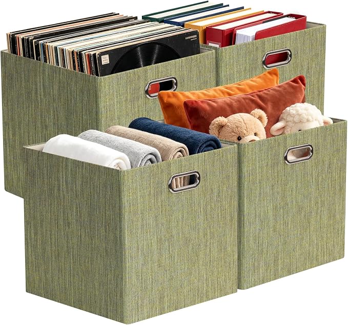 Posprica Foldable Storage Bins, 13×13×13, Yellow/Brown Mixed, Set of 4 | Cubes Basket Containers, For Shelf Cabinet Bookcase, Thick