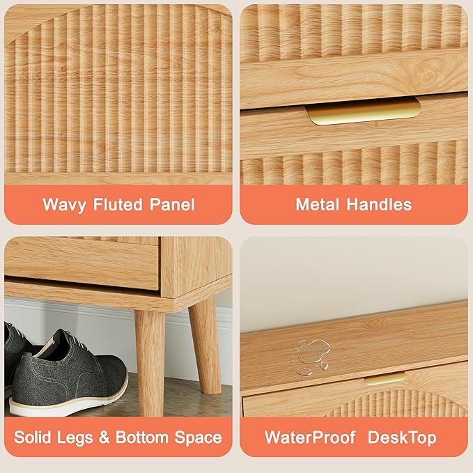 Shoe Storage Cabinet with 4 Flip Drawers, Narrow Wood Shoe Organizer Cabinet with Fluted Panel, Slim Shoe Rack for Entryway, Freestanding Shoe Cabinet for Living Room, Hallway, Wood Color
