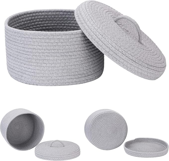 Sea Team Round Cotton Rope Storage Basket with Lid, Lidded Woven Storage Bin, Nursery Storage Container, Diaper Caddy, Baby Shower Basket, Box, Organizer, 11.8 x 11.8 x 6.7 Inches (Medium, Grey)