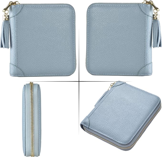 Easyoulife Womens Credit Card Holder Wallet Zip Leather Card Case RFID Blocking (Light Blue)