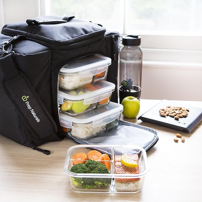 PrepNaturals 5 Pack 34 Oz Glass Meal Prep Containers - Dishwasher Microwave Freezer Oven Safe - Glass Storage Containers with Lids (Multi-Compartment) | Borosilicate Glass Meal Prep Containers - Airtight Leak-Resistant Lids, Microwave, Oven & Freezer S...