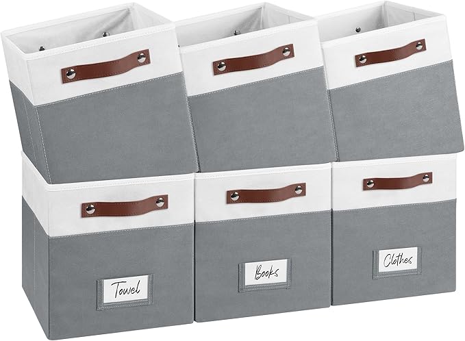 FinishingBo 10.5" x 11" Storage Bins with Labels 6 Pack | PU Leather Handles, Foldable Storage Cubes, Storage Baskets, Closet Storage, White/Dark Grey