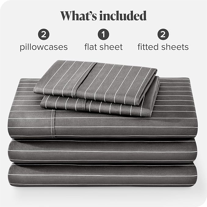 Bare Home Split King Sheet Set - 1800 Ultra-Soft Microfiber Bed Sheets - Double Brushed - Deep Pockets - Easy Fit - 5 Piece Set - Bed Sheets (Split King, Pinstripe - Grey/White)