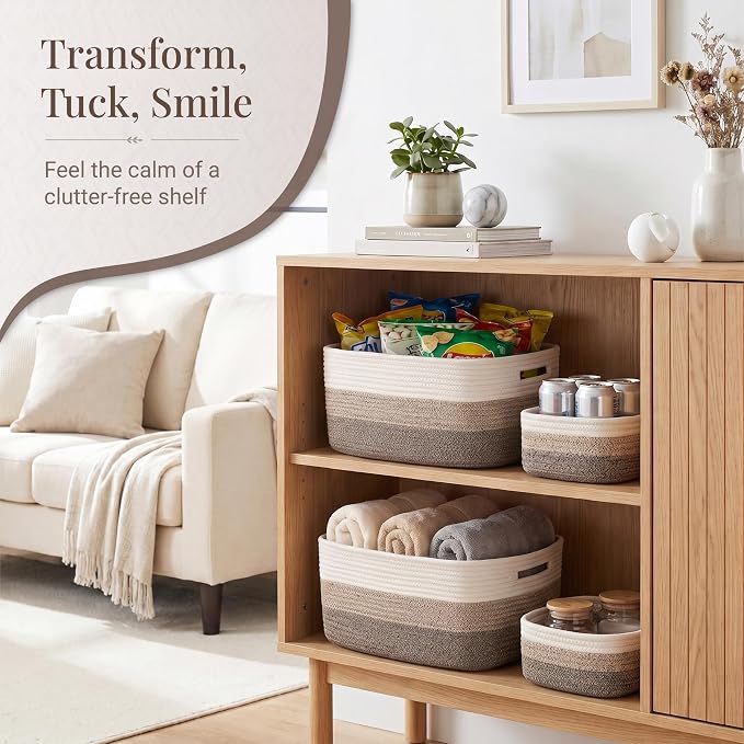 4-Pack Large Woven Rope Storage Baskets, 2 Sizes Organizer Bins | Fabric Cube Boxes and Rectangular Shallow Bins for Closet, Shelf, Bookshelf, Nursery, Changing Table, Bathroom, Toys & Home