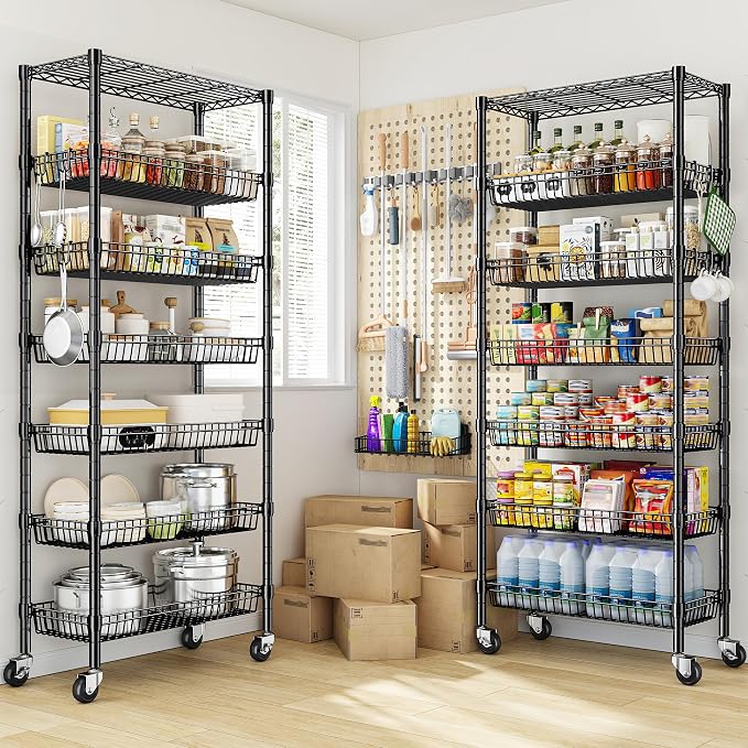 DurayLoly 7-Tier Wire Shelving Unit with Basket Shelf & Locking Wheels, Storage Shelves with Hooks for Space-Saving Kitchen Pantry Bathroom Closet Organizer, 72" H x 30" W x 14" D, Black