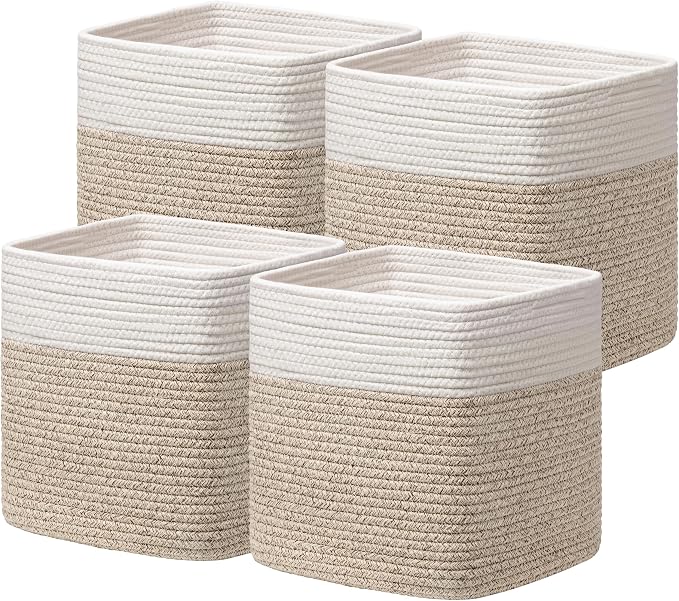 joybest 11inch Cube Storage Bins, Cotton Rope Woven Organizer Basket | Set of 4 Cube Bin Square Shelves Organizer Closet Storage, Nursery, Toy Organization, Brown&White
