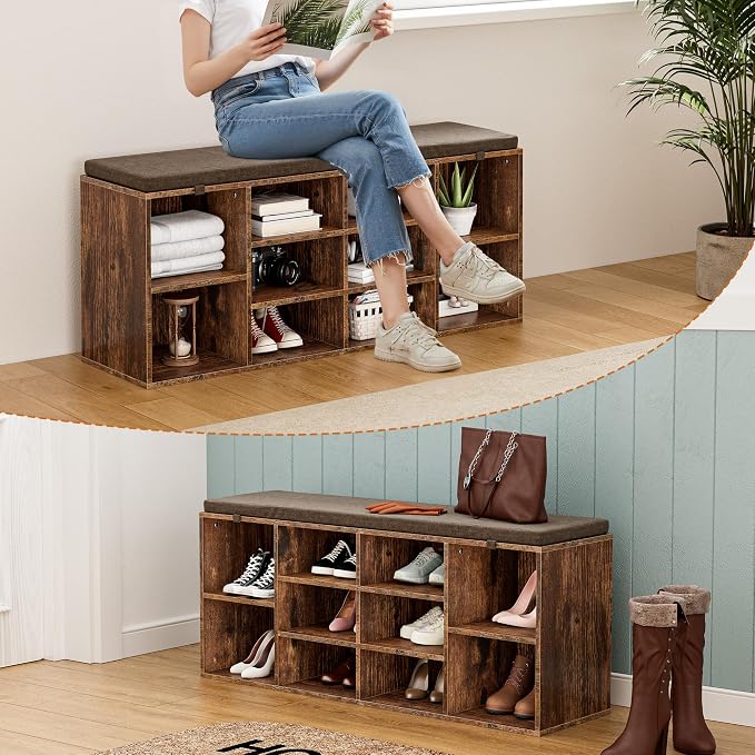 Shoe Storage Bench with Cushion, 41'' Long Entryway Bench with 10 Compartments Shoe Rack, Multifunctional Cubby Storage Organizer for Living Room, Hallway, Bedroom and Closet, Brown