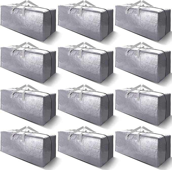 VELVETSURE 12 Pack Heavy Duty Extra Large Moving Bags W/Backpack Straps - Strong Handles & Zippers, Storage Totes For Space Saving, Fold Flat, Alternative to Moving Box and Storage Bin, Silver
