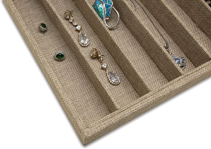 The Display Guys - Stackable Jewelry Tray and Organizer - for Drawers, Dressers, Store Display (10 Compartments, Beige Burlap)