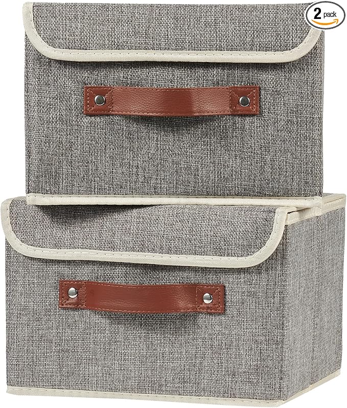 2PCS Storage Boxes with Lid Cotton Linen Fabric Storage Bins Organizer Container Decorative Collapsible Washable Shelf Closet Baskets Faux Leather Handles Home Bedroom (Gray, Small Size)