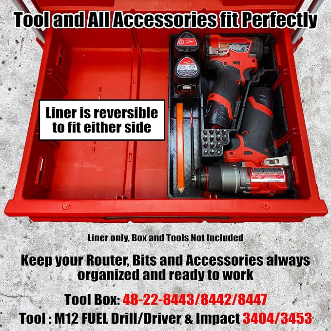Insert for Milwaukee M12 Drill and Driver– Fits Packout 2-Drawer, 3-Drawer & Multi-Depth 3-Drawer Systems – Reversible Organizer Liner Only