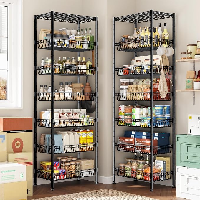 DurayLoly 7-Tier Basket Shelf Wire Shelving Unit with Wheels, Adjustable Storage Shelves with Hooks, 72" H x 24" W x 14" D Pantry Shelves for Kitchen, Bathroom, Closet & Small Spaces, Black