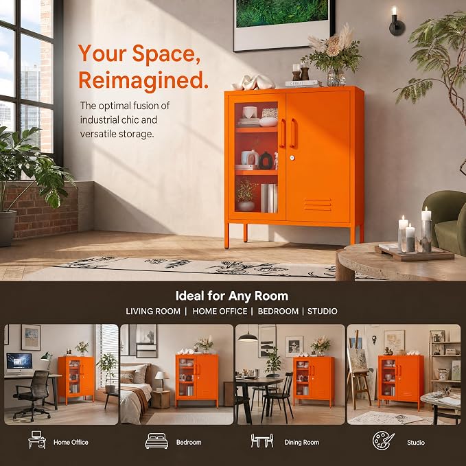 Lockable Metal Storage Cabinet Locker Adjustable Shelves, Modern Cabinets Versatile Storage Lockers Easy Assembly Durable Metal Sideboard Furniture for Living Room Home Office Orange