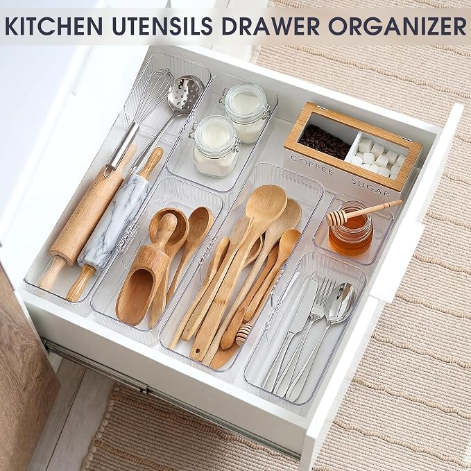 Aneco 25 Pieces Extendable Clear Drawer Organizer Adjustable Vanity Storage Box 4-Size Desk Drawer Divider Acrylic Storage Bins for Makeup, Cosmetic, Jewelries, Bedroom Kitchen Utensils Gadgets
